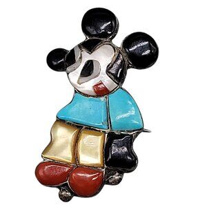 ZUNITOONS Sterling Silver Turquoise Inlay MICKEY MOUSE Brooch Zuni MP Signed